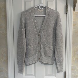 Marled Gray Cardigan Sweater with Scattered Sequins and Silver Buttons